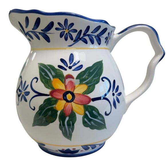 Talavera By Whole Home Floral Ceramic 64 oz Pitcher w/Handle Retired Blue Green - Picture 2 of 7
